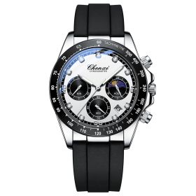 Multi-functional Silicone Band Watch Men's Three Eyes And Six Needles (Option: Silver Case White Noodles)