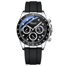 Multi-functional Silicone Band Watch Men's Three Eyes And Six Needles (Option: Silver Case Black Noodles)